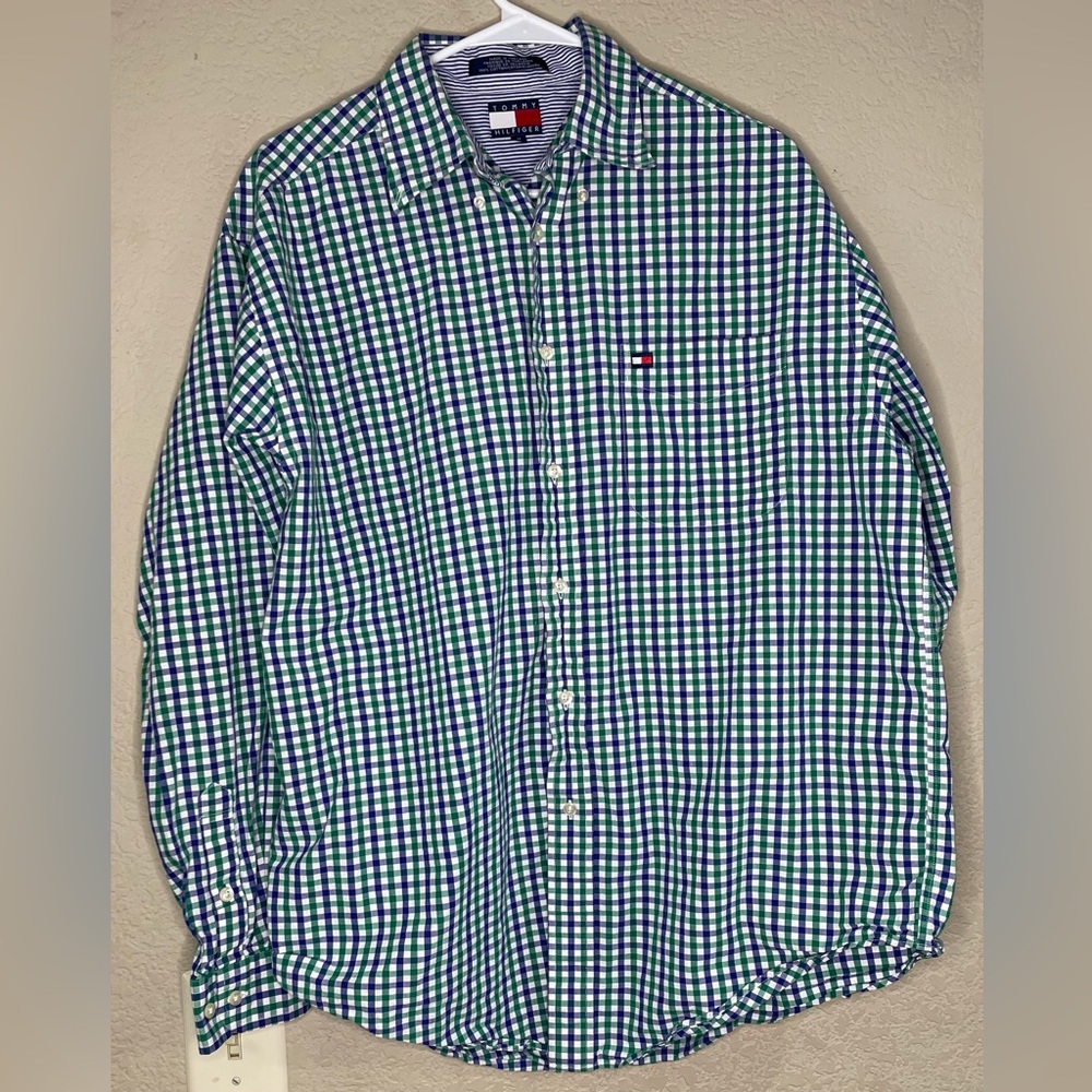 Tommy Hilfiger Shirt Mens Medium Blue Gray Plaid Button Up Long Sleeve Causal
